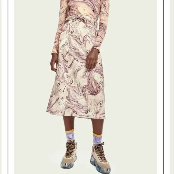 NWT SCOTCH & SODA Satin Feel Knotted Marble Midi Skirt Size XS - Picture 2 of 15